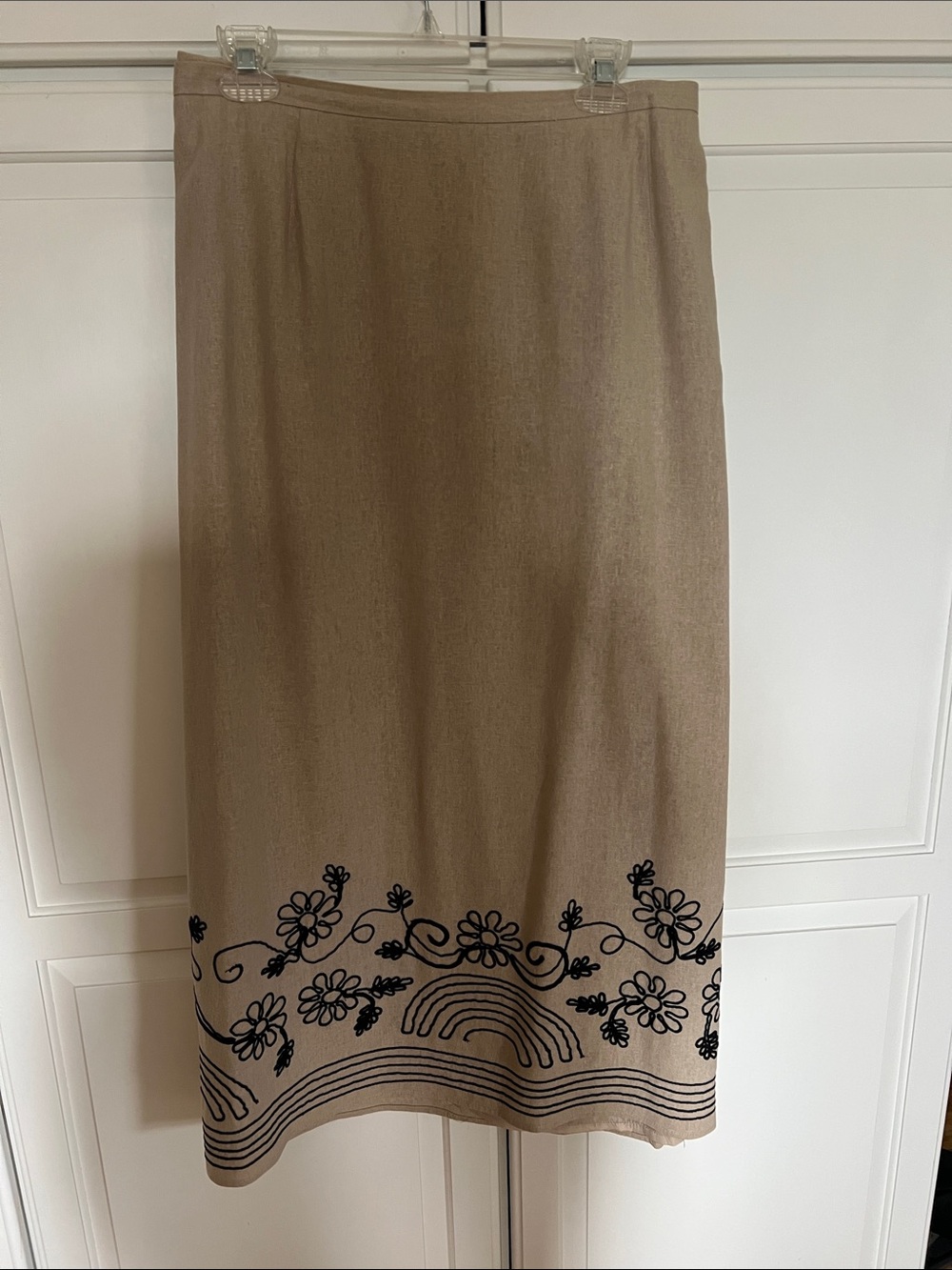 Autograph Beige Midi Skirt with Black Floral Hem Embroidery